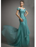 Off Shoulder Beaded Teal Chiffon Pleated Chic Evening Dress